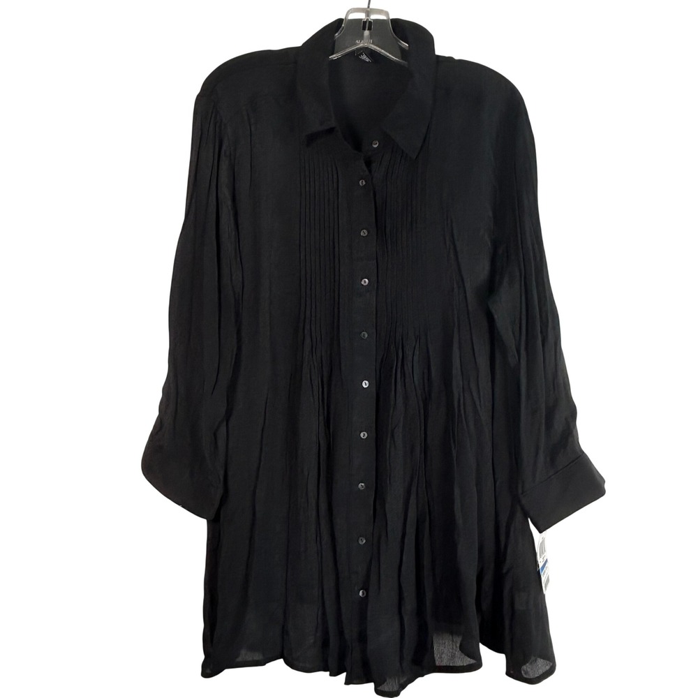 Alfani Womens XL Black Pintuck Pleated Button Down Tunic Shirt NEW
